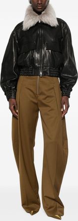 Nour Hammour Womens Leather Jacket With Detachable Shearling Collar Black Lambskin