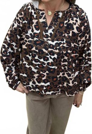 Jade Yoga Split Collar Peasant Top In Spiced Leopard
