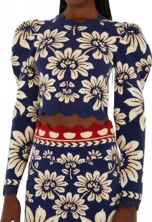 Farm Rio Puff Sleeve Knit Top In Luna Blue