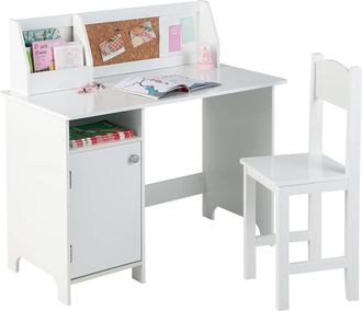 Costway Costway - Juego De Mesa Y Silla Infantil De Madera, Mesa De Estudio Con Silla, Estanter&iacute;a Superior, Librer&iacute;a, Armario Y Tablero De Corcho, Escritorio 