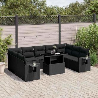 vidaXL Set De Sof&aacute;s De Jard&iacute;n 10 Pzas Cojines Rat&aacute;n Sint&eacute;tico Negro Vidaxl
