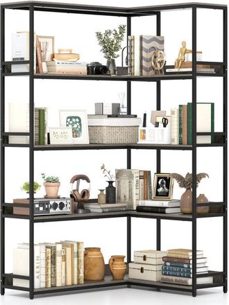 Costway 180 cm Tall Corner Bookshelf 5-Tier L-Shaped Bookcase-Oak