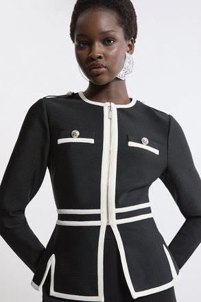 Karen Millen Womens Figure Form Bandage Military Contrast Piping Knit Split Hem Jacket - Monochrome Multi Denim - Size X-Small