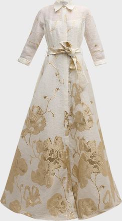 Teri Jon A-Line Metallic Jacquard Shirt Gown