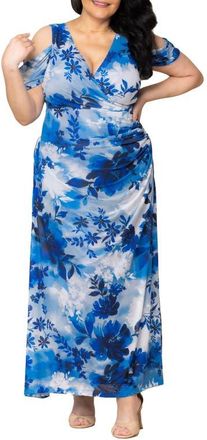Kiyonna Seraphina Cold Shoulder Mesh Gown in Pure Blue Bouquet at Nordstrom, Size 0X