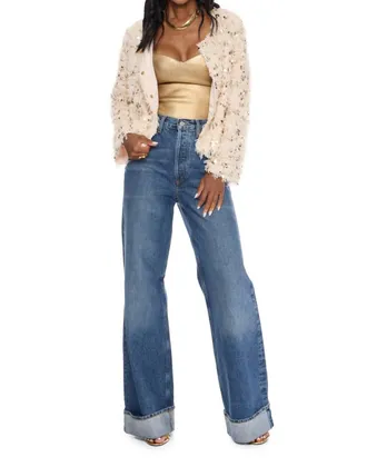 Ciebon Brynna Sequin Fur Jacket In Ivory/gold