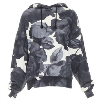 Dries Van Noten grey ivory cotton abstract rose print black drawstring hoodie S