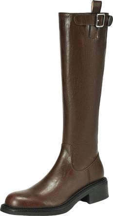 Generic Womens Cow Split Leather Round Toe Medium Heels Riding Boots Vintage Warm Winter Zip Knee-High Boots