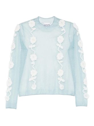 Ganni floral-appliqué blouse - women - Polyester/Mohair/Recycled Polyamide/Wool - M - Blue