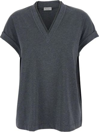 Brunello Cucinelli Tops, Dames, Grijs, M, Katoen, V-neck T-shirt
