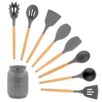 MegaChef Silicone and Wood Cooking Utensils, Set of 9 in Gray at Nordstrom