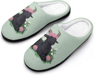 Generic Black Goat Daisy Wreath Mens Slippers Slip On Comfortable Fleece Cotton House Shoes Winter