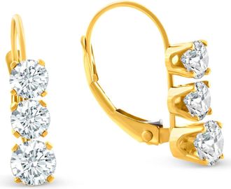 Pompeii3 1/2ct 3 Stone Diamond Earrings 14K Yellow Gold Lever Back Hoops