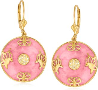 Ross-Simons Pink Jade Good Fortune Butterfly Drop Earrings in 18kt Gold Over Sterling