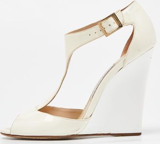 Jimmy Choo London White/cream Patent Leather Token T Strap Wedges