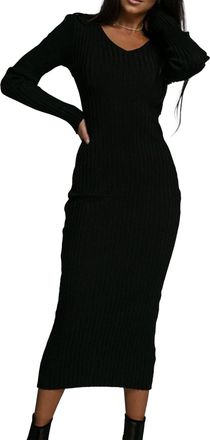 Generic Womens Fall V Neck Knitted Dress Fall Solid Color Ribbed Knee Length Frock Long Sleeve Slim Fit Sweater Dresses (Black,XXL)