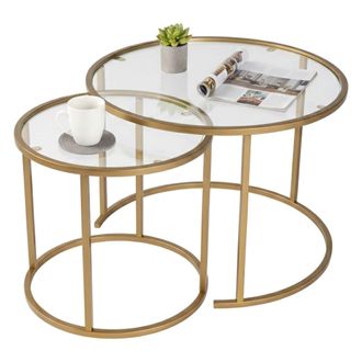Dmora Juego De 2 Mesas De Centro Abbadesse, Mesa De Centro Baja, Revistero Para Sof&aacute;, Estante De La Sala De Estar, 60x60 H43 Cm, Oro Y Transparente - Dmora