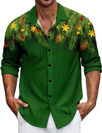 Generic Mens Christmas Shirt Xmas Holiday Party Dress Shirts Long Sleeve Snow Print Christmas Tree Shirt Casual Button Down Tshirt Funny Xmas Hawaiian Shirt f