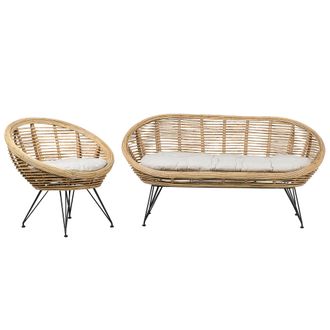 Beliani Conjunto 3 Plazas Rat&aacute;n Sof&aacute; Sill&oacute;n Boho Beige Claro Coj&iacute;n Tela Algod&oacute;n Resistencia Media Interior Natural Maratea