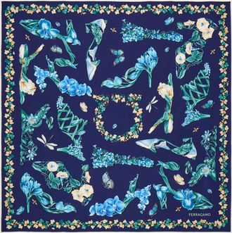 Ferragamo Women Eden shoes print silk scarf Blue