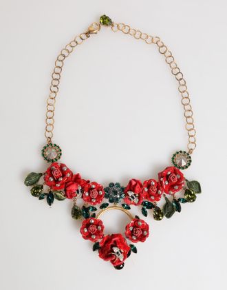 Dolce & Gabbana Womens Red Rose Floral Crystal Embellished Statement Jewelry Necklace - Multicolour Brass - One Size