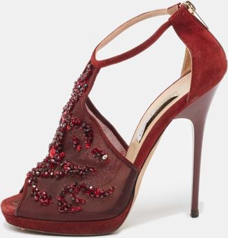 Jimmy Choo London Burgundy Mesh And Suede Embellished Ankle Strap Sandals