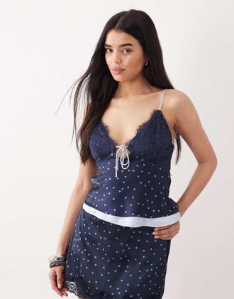 Abercrombie & Fitch Canottiera double-face in pizzo blu navy a pois con scollo a V