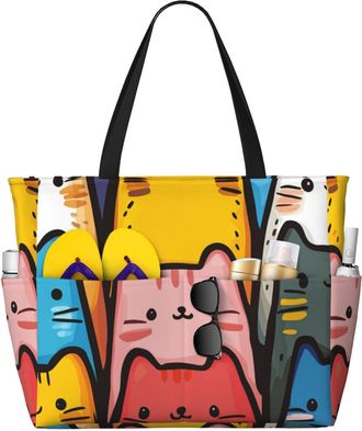 Generic Cute Cat Print Large Beach Bag Foldable Travel Shoulder Tote Bag With Pocket For Weekender Pool Vacation