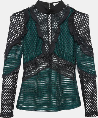 Self Portrait Green Mesh Ruffle Detail Top