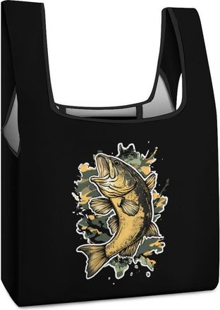 Generic Bass Fish Camouflage Reusable Shopping Bags Lightweight Foldable Grocery Bag Polyester Washable Tote Bag