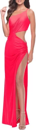 La Femme One Shoulder Dress with Side Cut Out and Unique Back in Bright Colors in Hot Coral at Nordstrom, Size 10