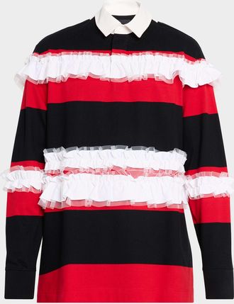 Simone Rocha Mens Stripe Ruffle-Trim Long-Sleeve Polo Shirt