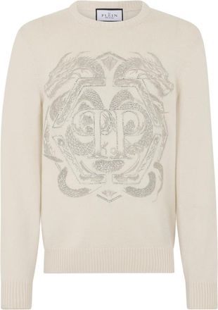 Philipp Plein Geborduurde Merino Wol Ronde Hals Pullover Hexagon Dragon - Heren - Ronde hals truien - Beige - S - Wol - Truien & Vesten