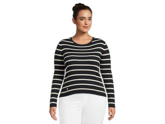 Lauren Ralph Lauren Striped Rib-Knit Crew Neck Sweater Womens Sweater Lauren Navy/Mascarpone Cream : LG, Cotton/Modal/Nylon