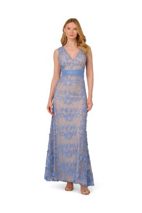 Adrianna Papell Womens Embroidered Lace V-Neck Gown - Blue - Size 14 UK