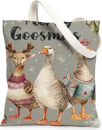 Generic Christmas Geese Canvas Tote Bags, Holiday Animal Print Reusable Grocery Bags, Festive Retro Lightweight Washable Shoulder S, Gray, 13x15 Inch