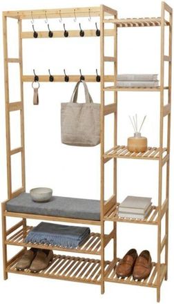 Relaxdays Relaxdays coat rack, bench, shoe shelf, 15 hooks, 5 shelves, 175x104x33 cm, bamboo, natural