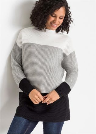 Bonprix Longpullover BONPRIX Gestreifter Long-Pullover, Damen, Gr. 32/34 (XS), weiss (wollwei&szlig;, grau, schwarz gestreift), Obermaterial: 50% Baumwolle, 50% Pol