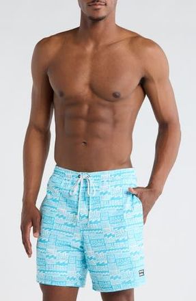 Billabong Allover Logo Volley Swim Trunks in Aquarius Blue at Nordstrom Rack, Size X-Large