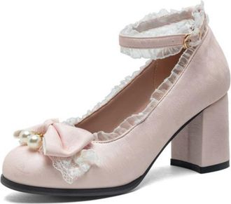 Generic Womens Ankle Strap Pumps Round Toe Bow Pearl Embellishment Ruffle Trim Chunky Block Heel Textured Upper Lightweight Comfortable Stylish for Fashion Pa