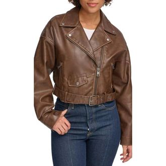 Levi's Belted Crop Moto Jacket Womens Saddle Faux Leather Full Zip FROG523