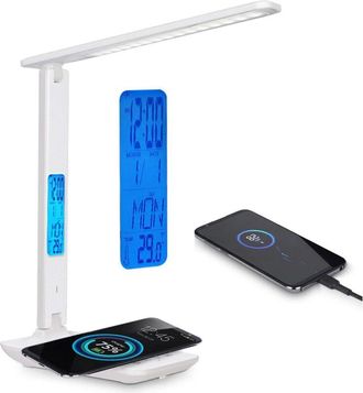 OEM Cargador Inal&aacute;mbrico De Escritorio Para Tel&eacute;fono Con Luz Led Y Puerto Usb, 5 Niveles De Brillo, Plegable Con Reloj Despertador, Calendario, Indicador 