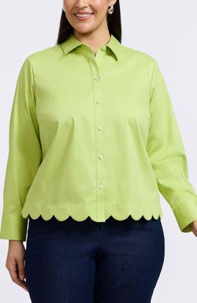 Foxcroft Scarlett Scallop Hem Button-Up Shirt in Chartreuse at Nordstrom, Size 1X