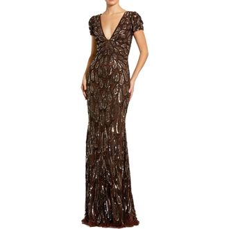 Mac Duggal Beaded Embellished V Neck Cap Sleeve Column Gown in Chocolate at Nordstrom, Size 14