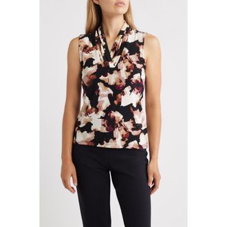 Anne Klein Abstract Print Triple Pleat Sleeveless Top in Anne Black Multi at Nordstrom, Size Medium