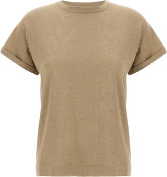 Brunello Cucinelli Lamé Cashmere T Shirt Beige-Donna