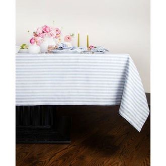 Solino Home Linen Tablecloth for Dining Table, Holiday and Everyday Dining Table Decor - Amalfi Stripe in Sky Blue And White at Nordstrom, Size Medium