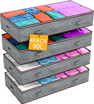 OEM Juego De 4 Cajas De Almacenamiento De 90 L Para Debajo De La Cama Con Tapa, Bolsas Plegables Con Cremallera Y Asas Bolsas Grandes Para Ropa De Cama, M