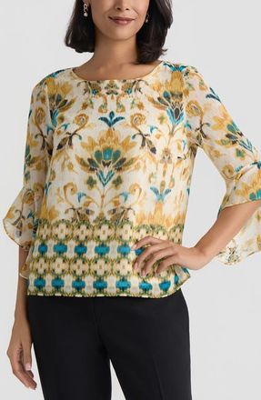 Kasper Border Print Ruffle Sleeve Top in Butterscotch Multi at Nordstrom, Size X-Small