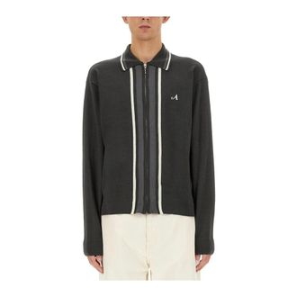 Awake NY Contrast Stripe Full Zip Knit Polo Sweater - Heren - Truien - Zwart - Maat: L